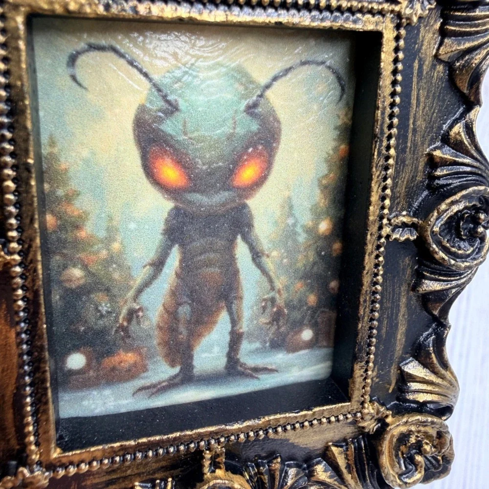 Handmade Alien Creature Ornate Gold Resin Frame Decoupage Art Print 3.75in